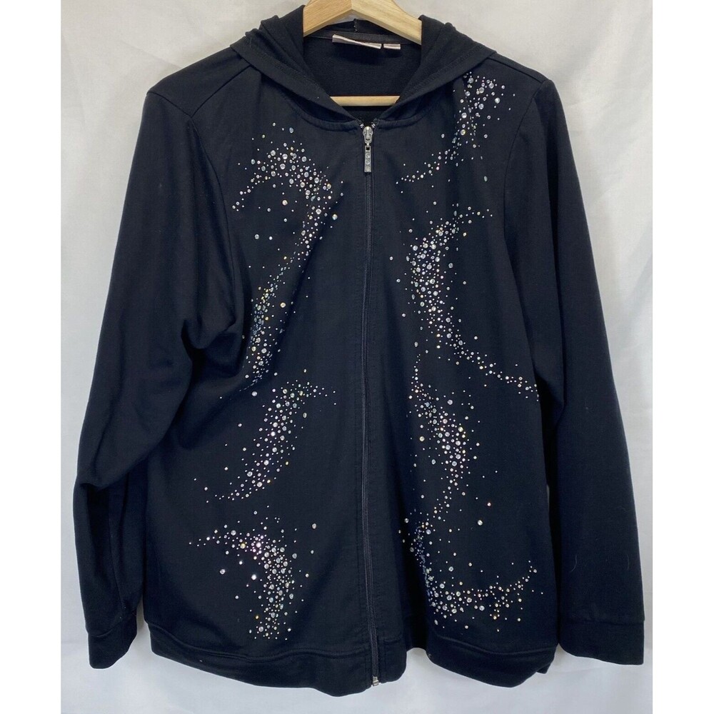 Quacker Factory Hoodie Womens Large Black Full Zip Sweatshirt Rhinestones Stars
